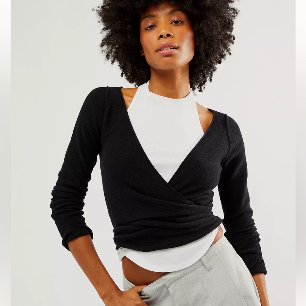 Lulus Black Knit Wrap Top – Size Small - Picture 3 of 8